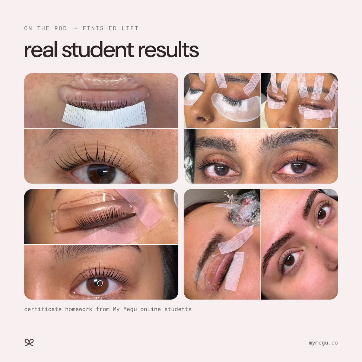 Real Korean lash lift results from My Megu online course students, on the rod and finished